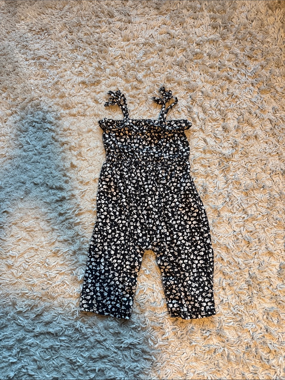 GAP Black Floral Smocked Romper with White Ditsy Print